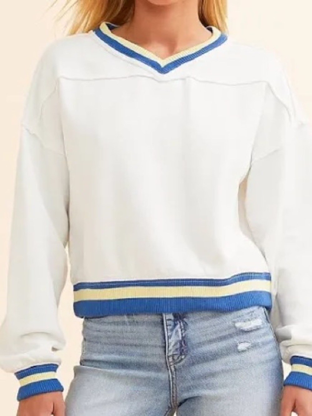 Free People White V-Neck Sweater with Blue and Pale Yellow Trim